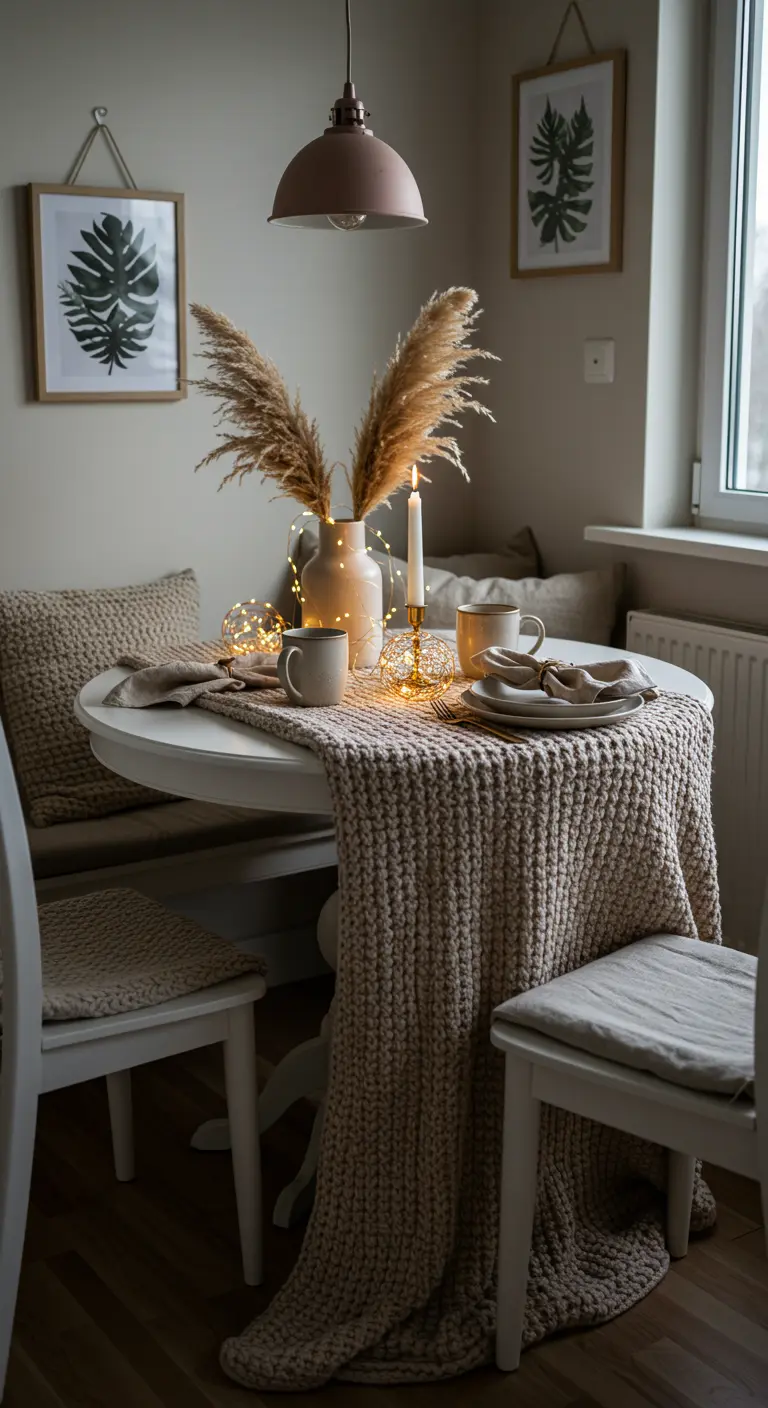 Cozy breakfast nook with a cascading beige knit runner and fairy lights.