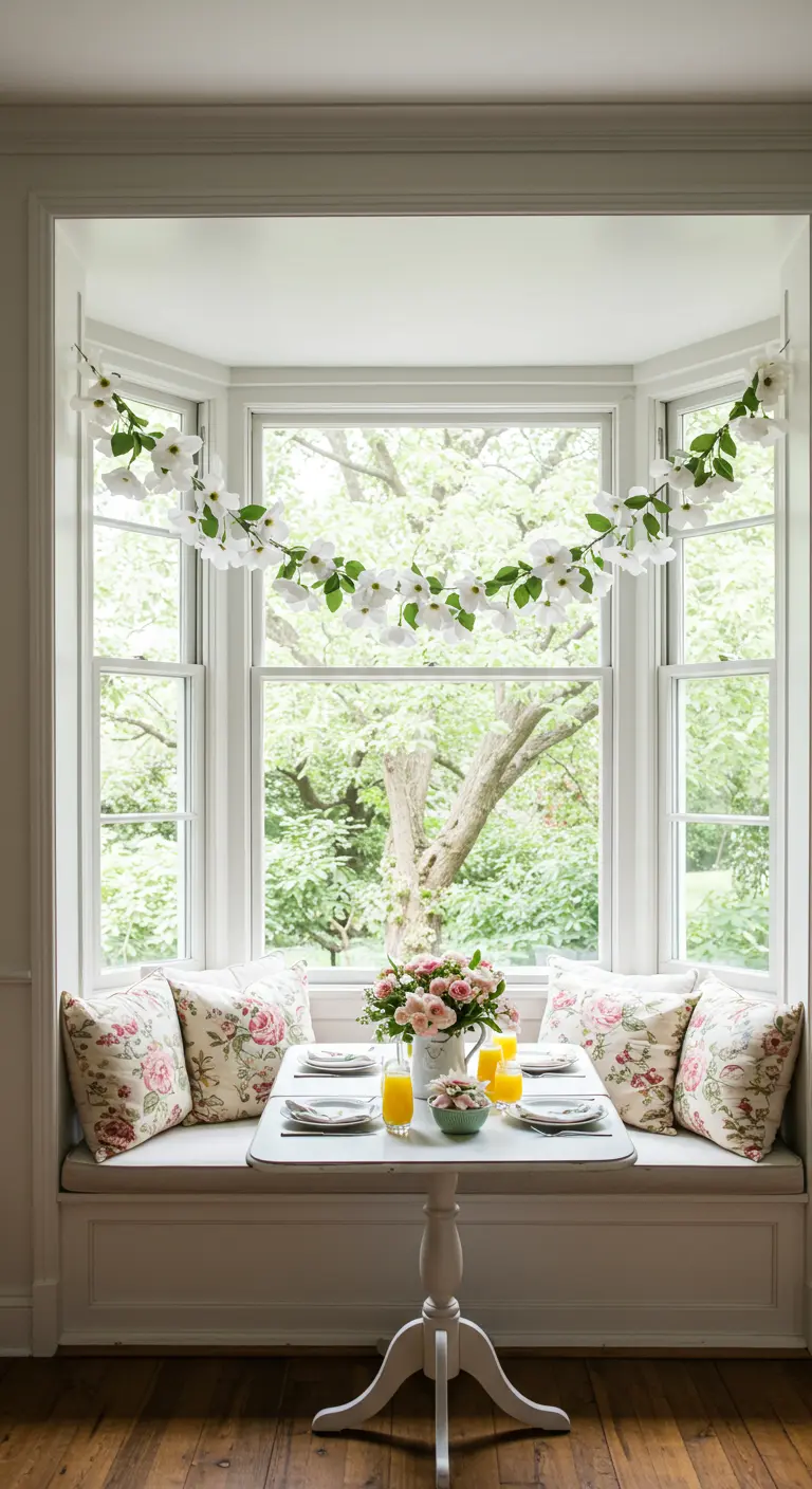 A delicate white crepe paper flower garland hanging across a large bay window over a breakfast nook.