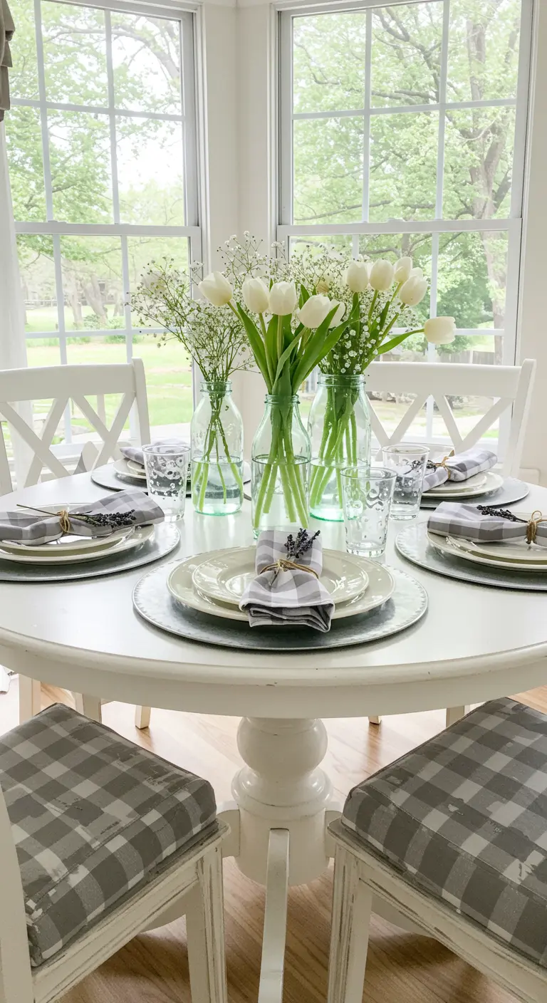 Bright dining table with white tulips in glass bottles and grey check napkins.