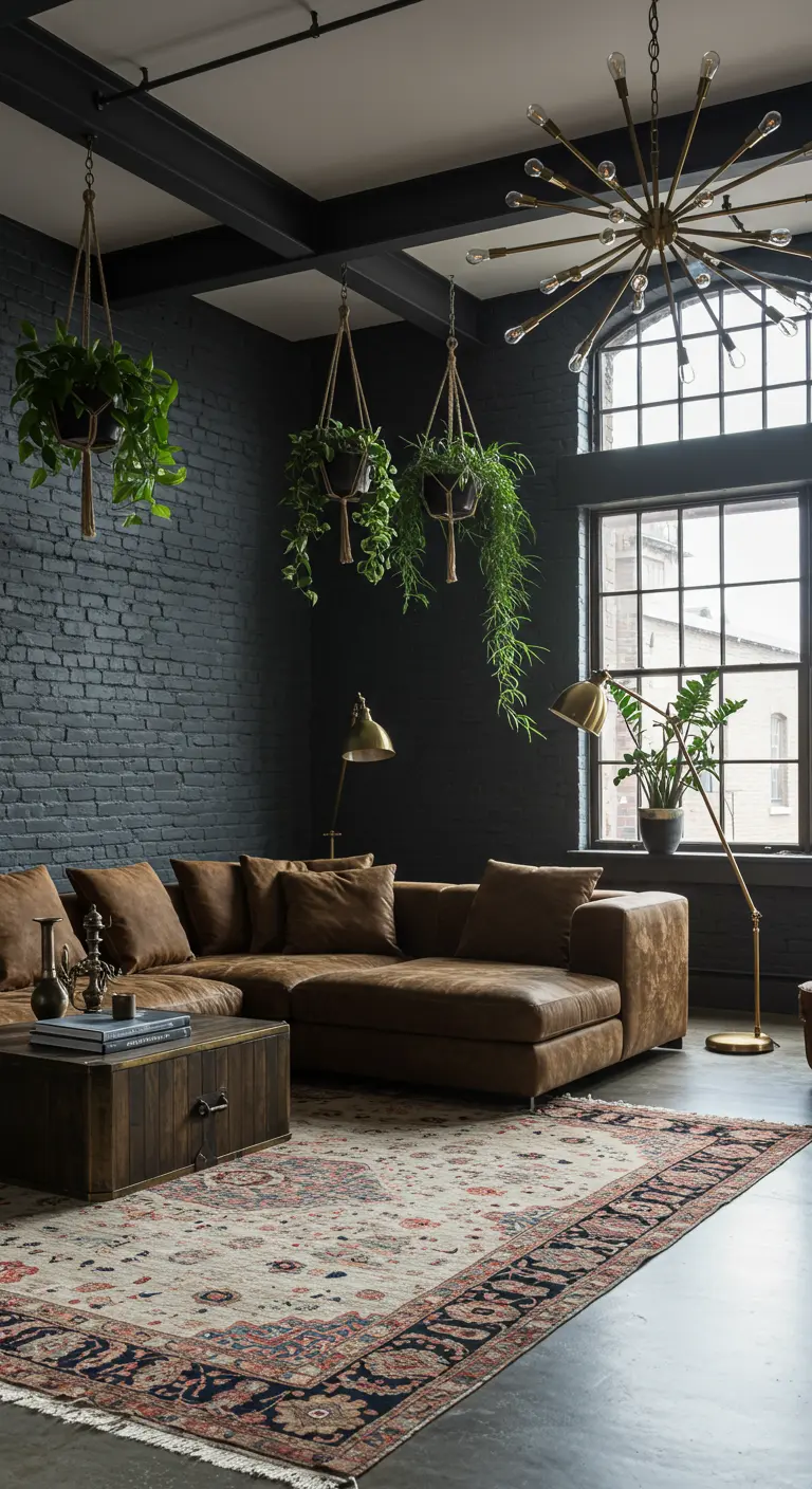 Industrial loft with black brick walls, hanging plants, a leather sectional, and a large Persian rug.