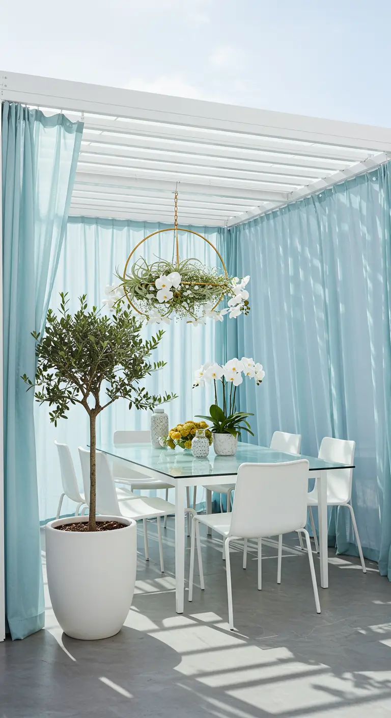 A white patio pergola with sheer blue curtains and a hanging orchid chandelier.