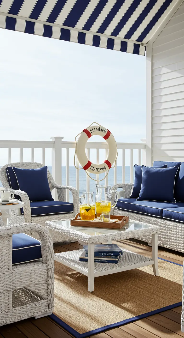 A porch with white wicker furniture, a striped awning, and a decorative lifebuoy.