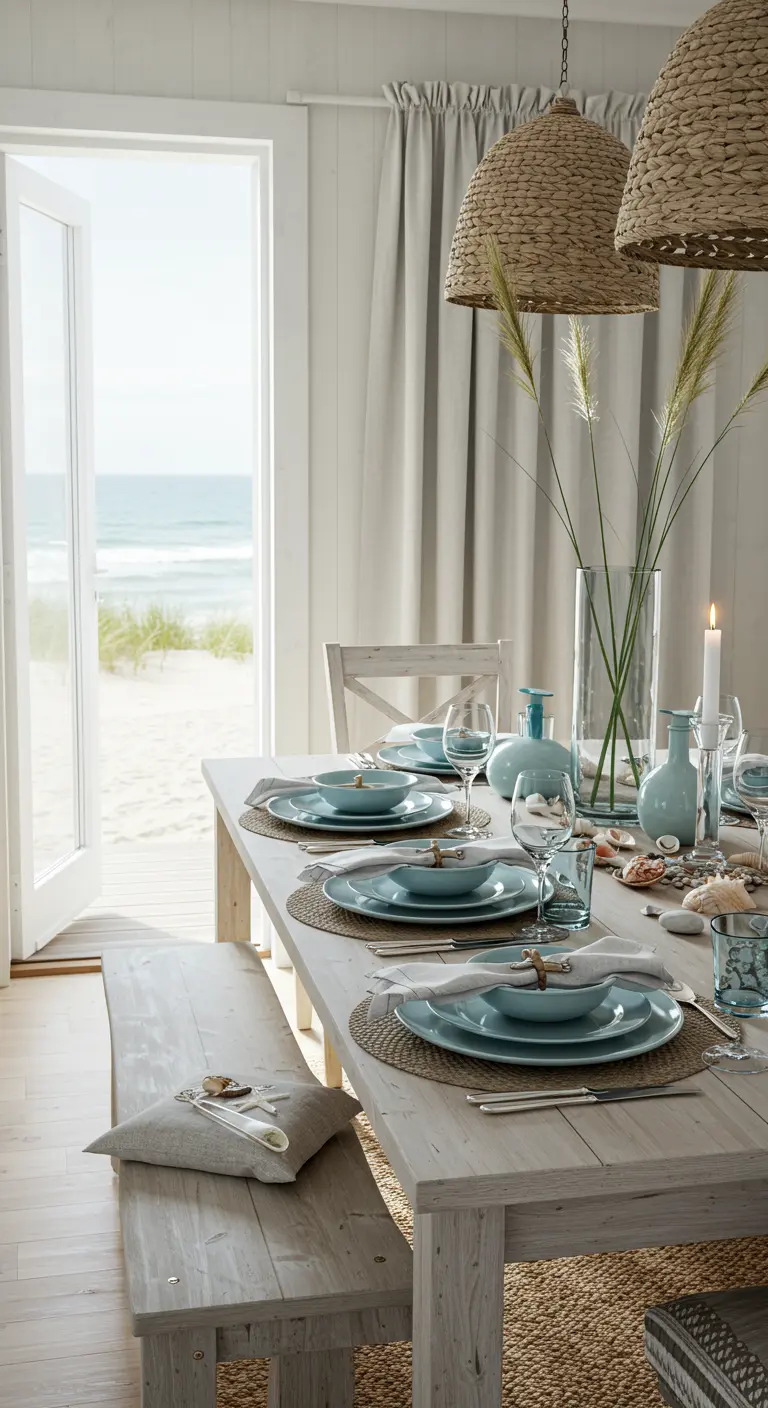 A beach house table with seafoam blue dishes, woven placemats, and grasses in a vase.