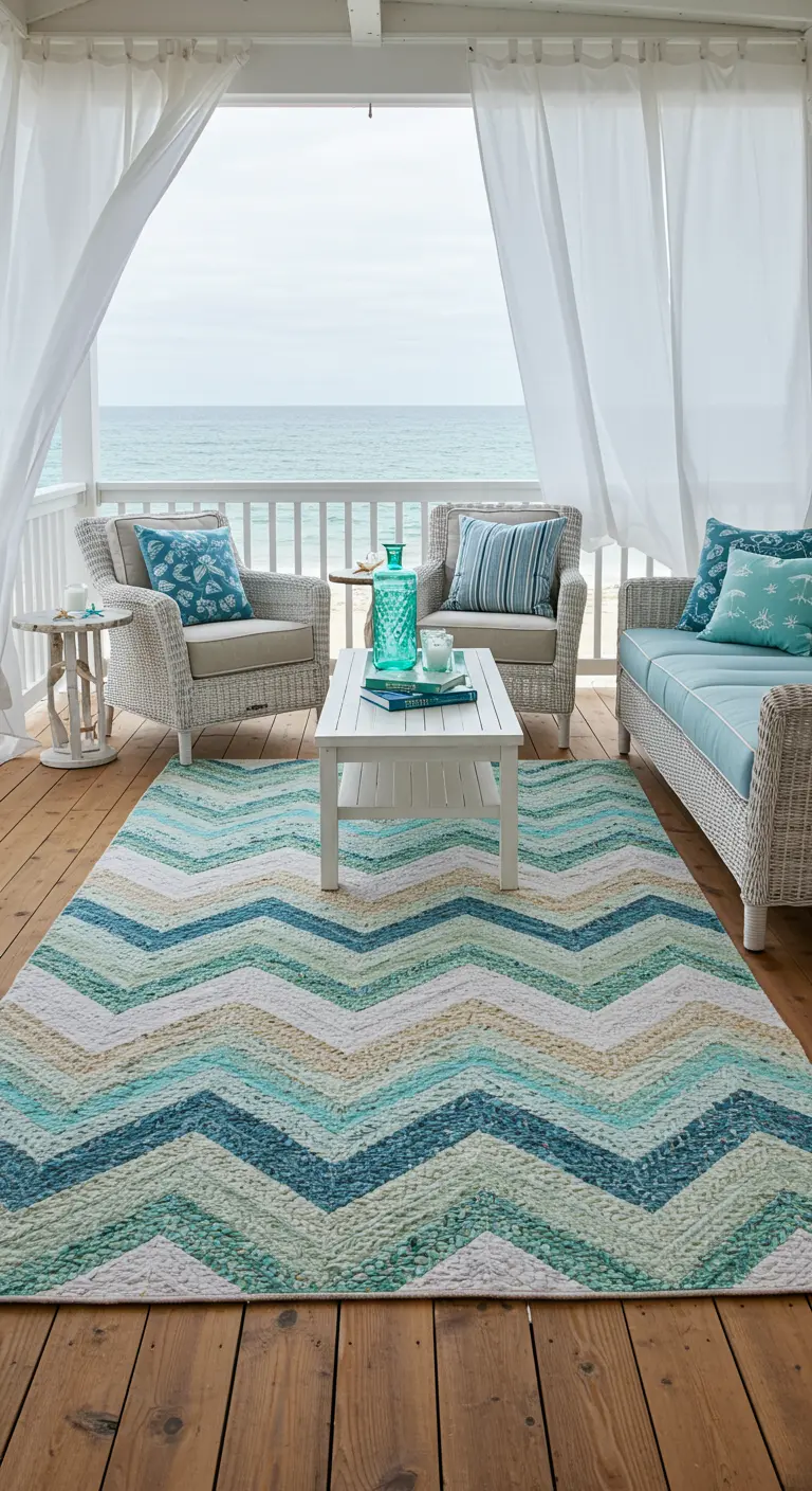 A covered beach porch with a sea-colored chevron rug, white wicker furniture, and ocean views.