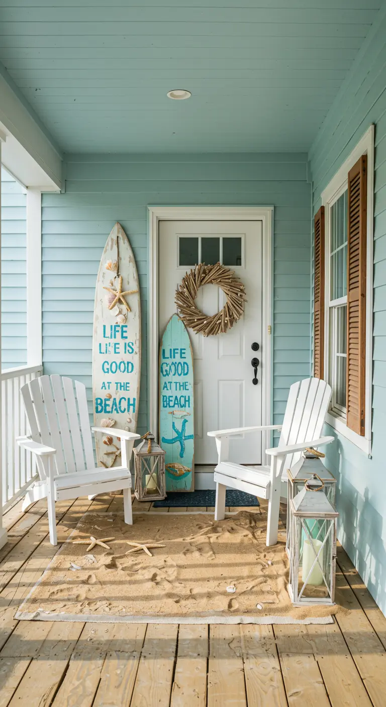 Coastal-themed porch with surfboard signs, a driftwood wreath, and sand.