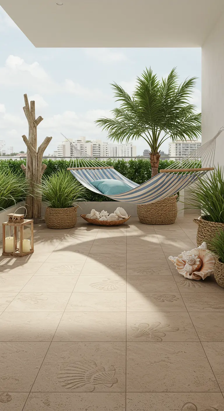 Coastal-themed balcony with sandy tiles, a hammock, driftwood, and potted grasses.