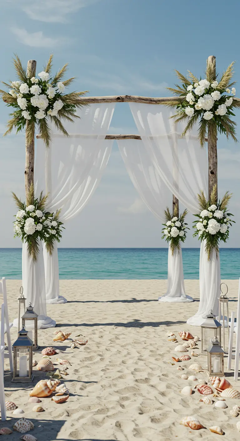 A four-post wooden wedding arch on a beach with white fabric and white peonies.