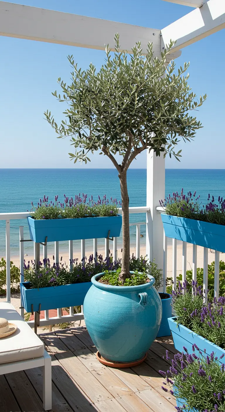 Seaside balcony with a large turquoise pot, matching railing planters, and an olive tree.