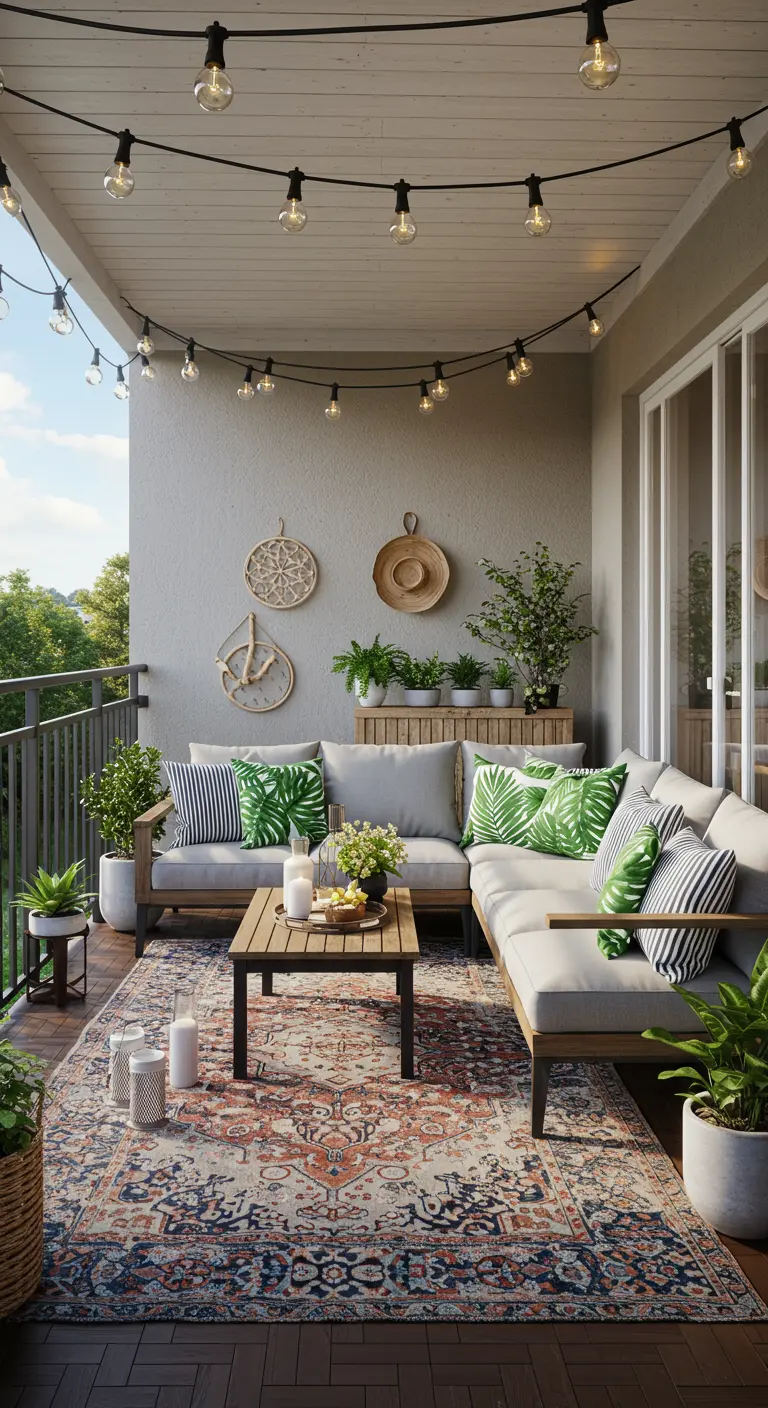 A bright, airy balcony with a wooden sectional, leaf-print pillows, and woven wall decor.