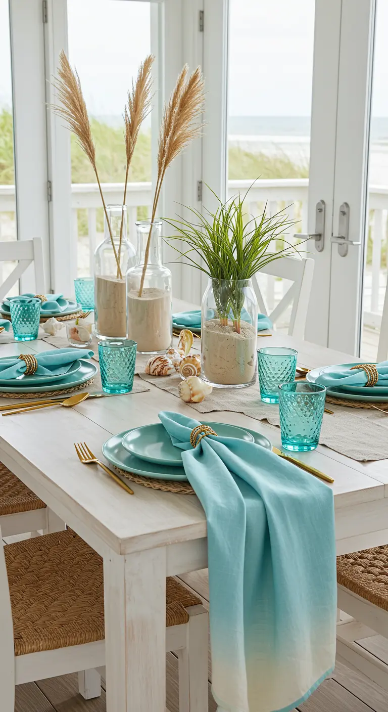 Coastal-themed table with sand-filled vases, pampas grass, and aqua accents.