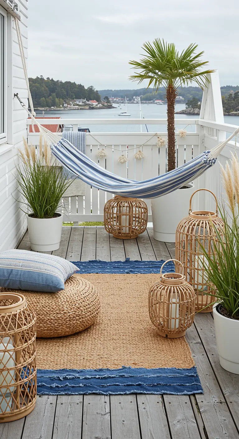 A coastal-style balcony with a hammock, a layered jute and blue rug, and rattan lanterns.