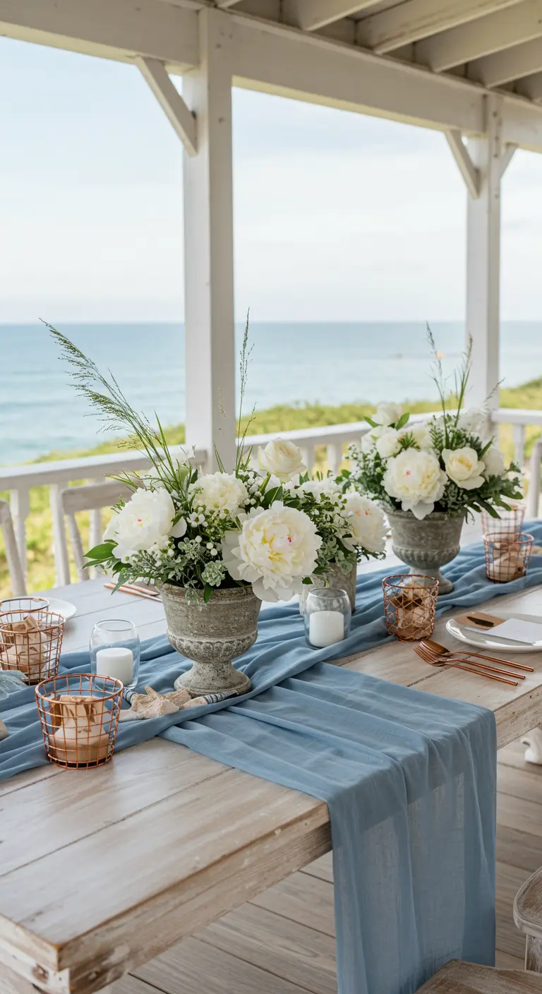 Coastal table with a blue runner, white peonies, and rose gold baskets.
