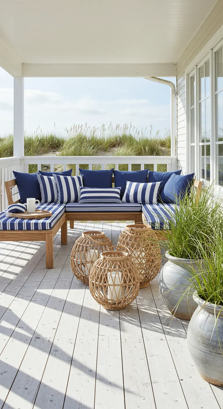 Teak sectional with navy striped cushions on a white porch, with wicker lanterns.