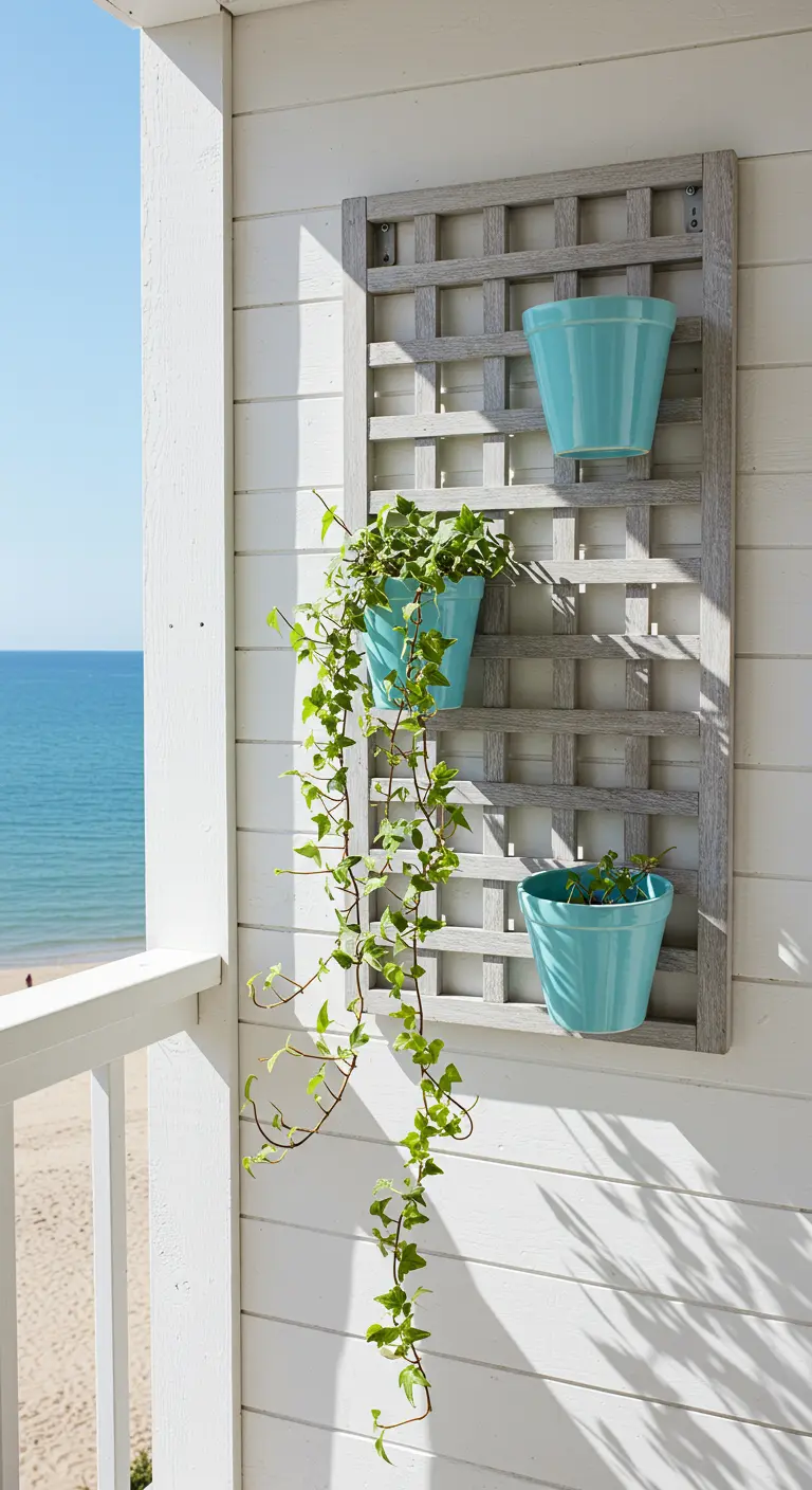 A weathered grey wooden trellis with aqua-colored pots on a white shiplap wall.