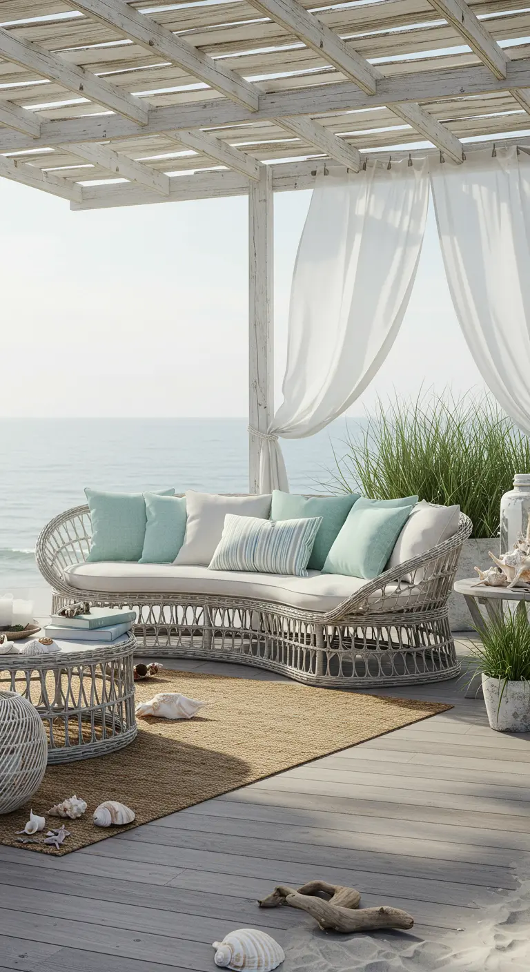 A whitewashed rattan sofa with blue and white cushions on a deck overlooking the ocean.