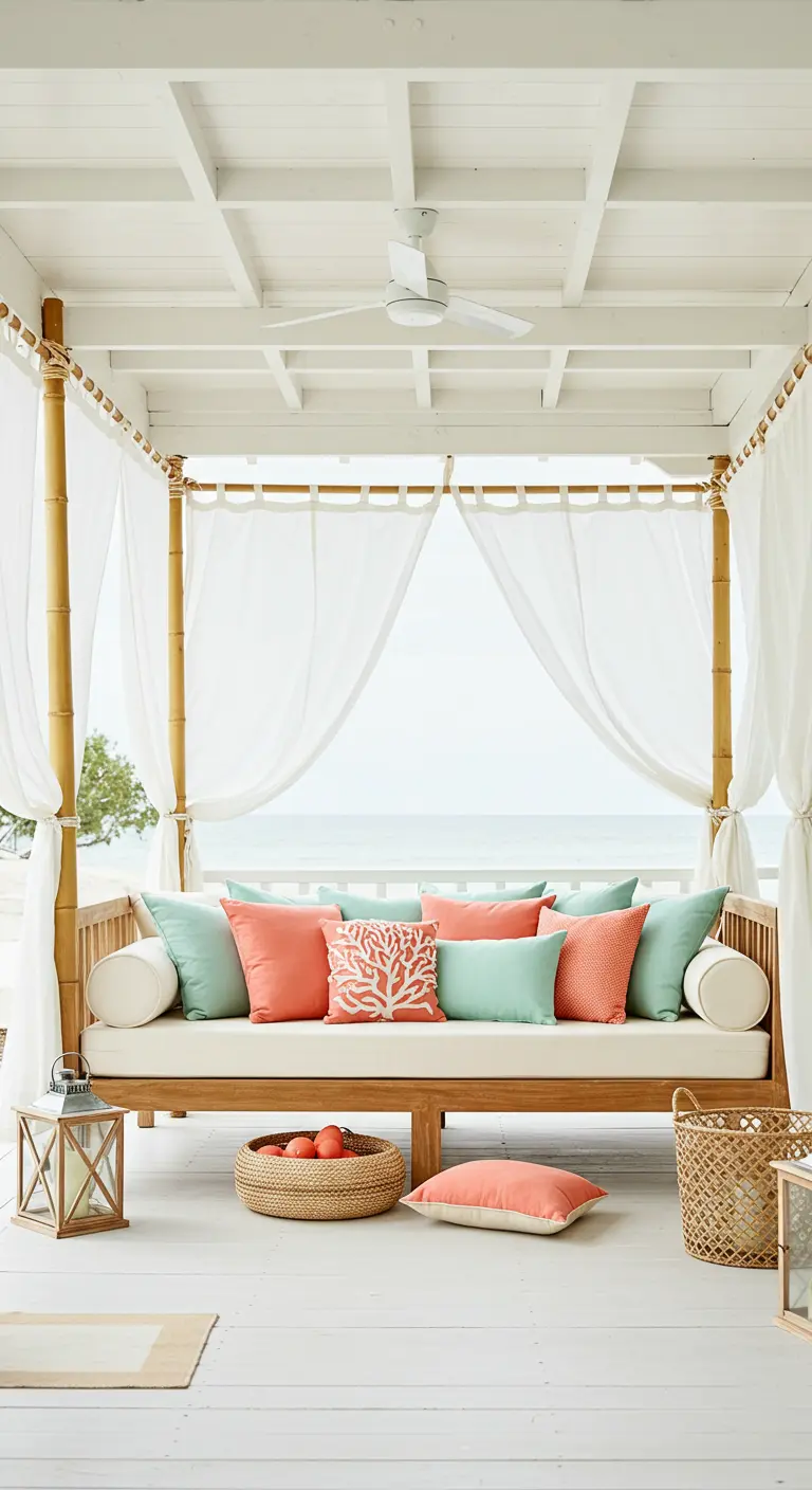 Teak and bamboo daybed with coral and aqua pillows on a white painted porch.