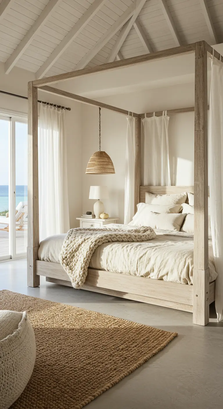 Four-poster light wood bed with white curtains and a woven pendant in a coastal bedroom.