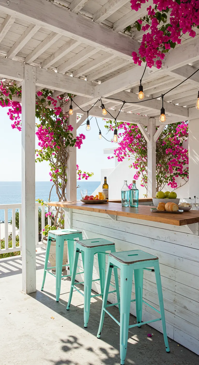 Whitewashed coastal bar with turquoise stools and bright pink bougainvillea.