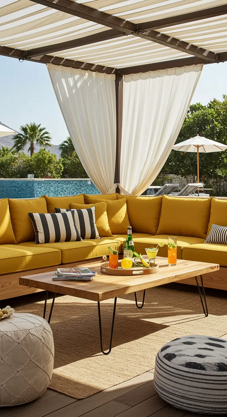 A large mustard sectional under a pergola with white drapes, by a pool.