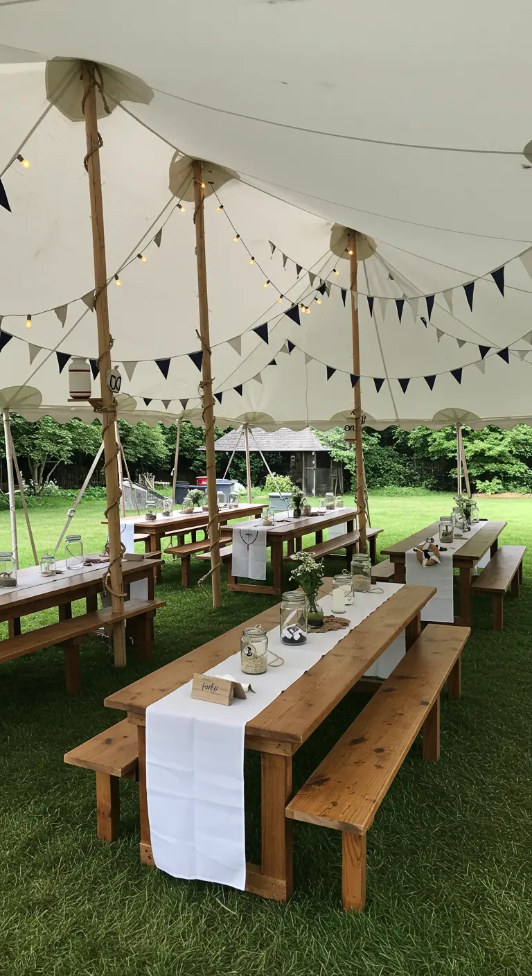 Nautical party decor under a white tent with wooden picnic tables and pennant flags.