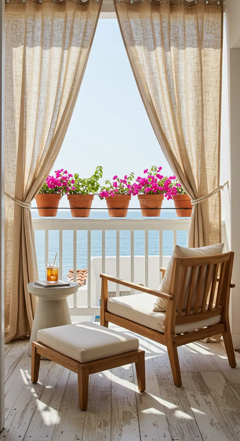 Linen curtains frame a sunny balcony with an ocean view.