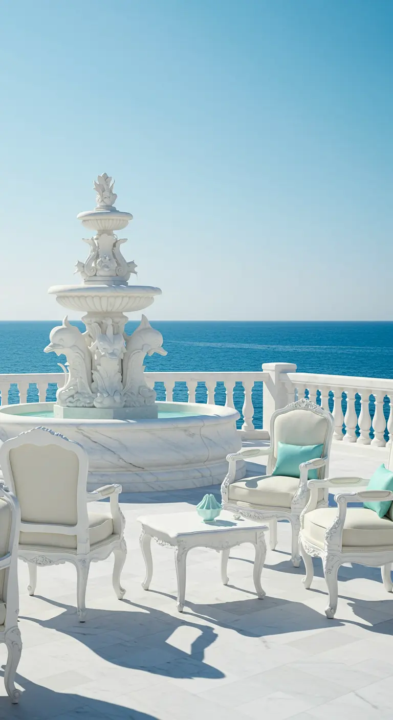 White baroque chairs with aqua pillows face the ocean on a white marble terrace.