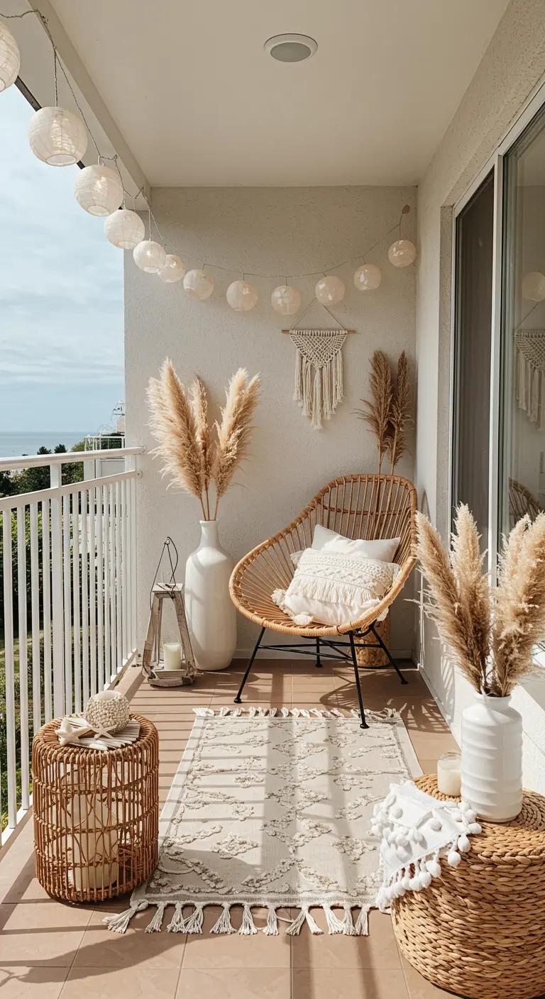 A bright, airy balcony with a rattan chair, pampas grass, and a white tufted rug.