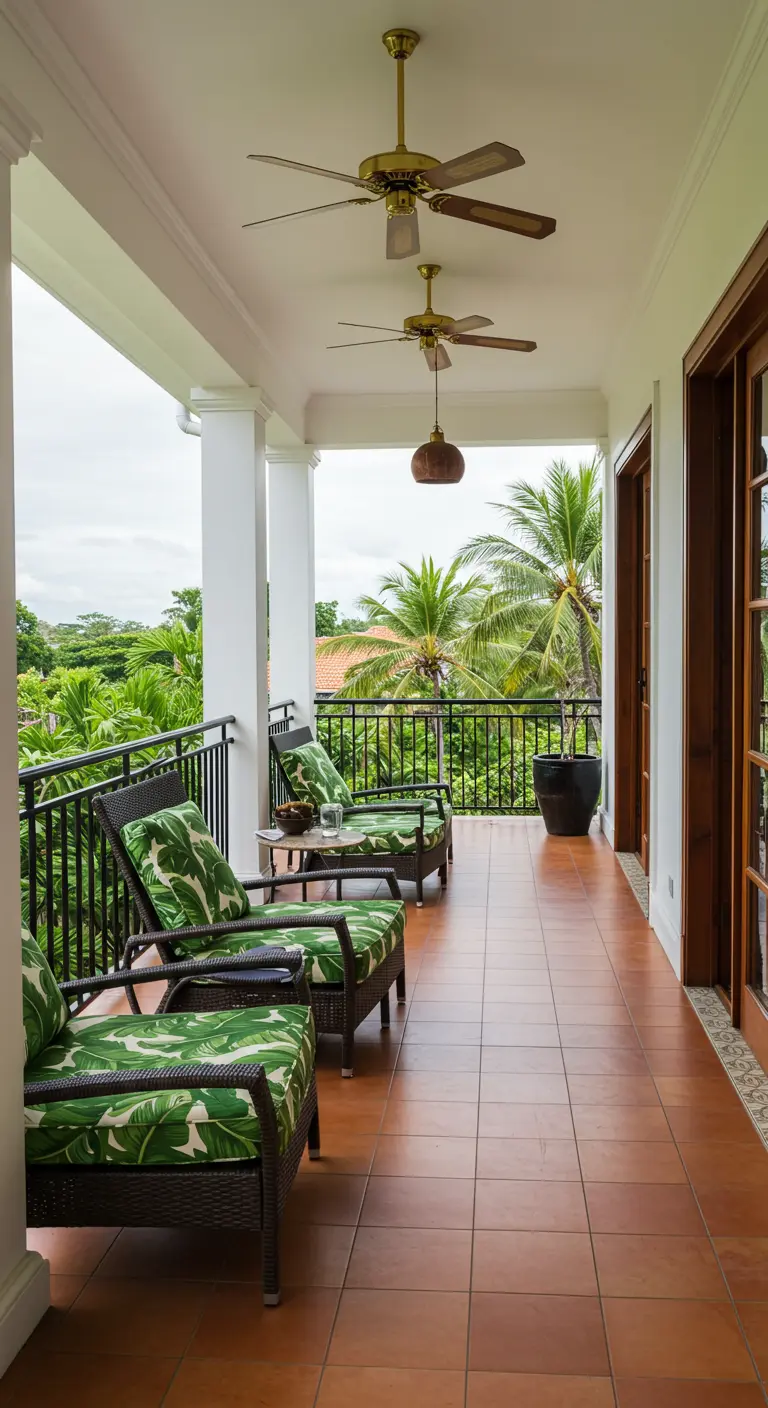 A long balcony veranda with ceiling fans and dark wicker armchairs.