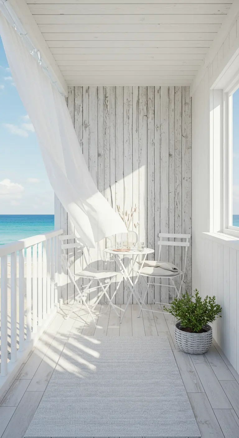 A bright, all-white balcony with a sheer curtain blowing in the wind next to the sea.