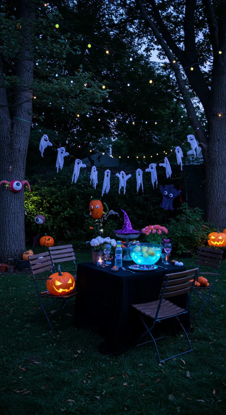 An outdoor Halloween party table with a glowing blue punch bowl and jack-o'-lanterns.
