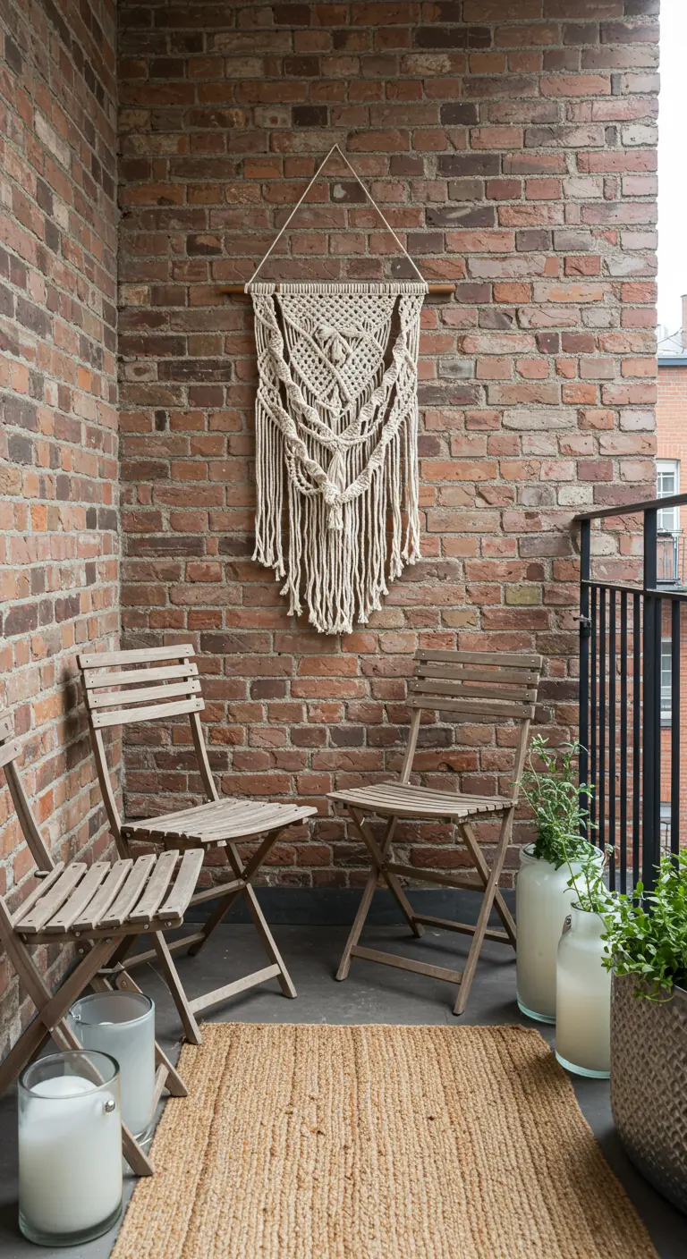 A macramé hanging on a rustic brick wall behind simple weathered folding chairs.