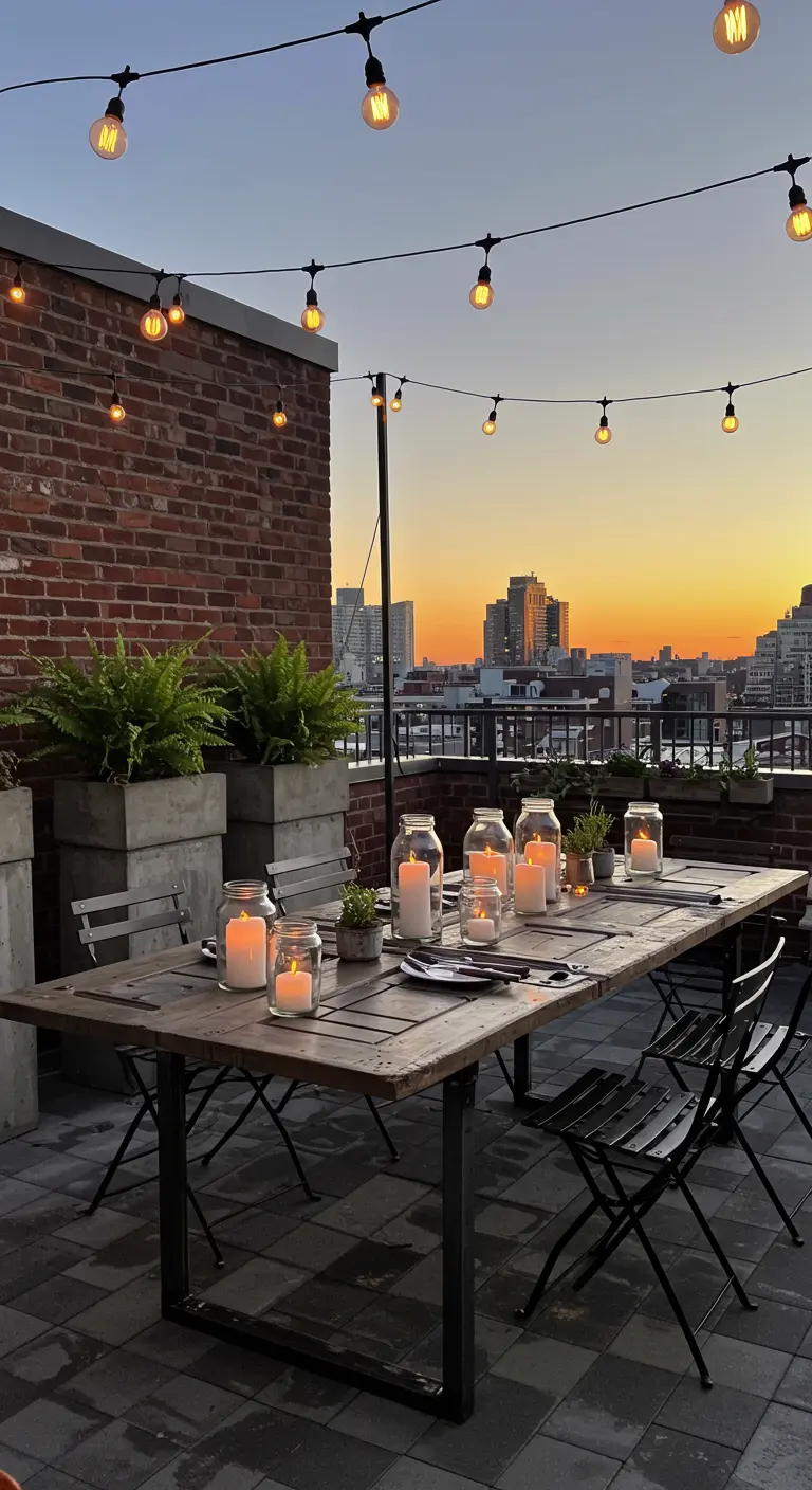 A rustic-industrial dining table on a brick rooftop with ferns in concrete planters and jar candles.