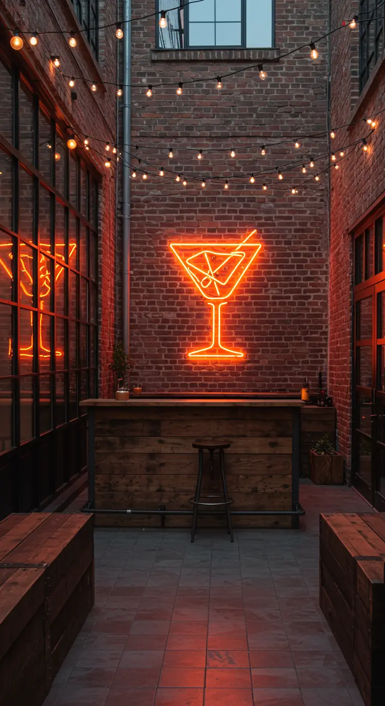 Industrial brick courtyard with a large martini glass neon sign and string lights.