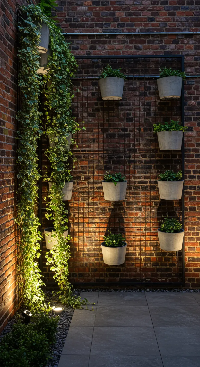 An illuminated grid of concrete planters with ivy against a rustic brick wall at night.