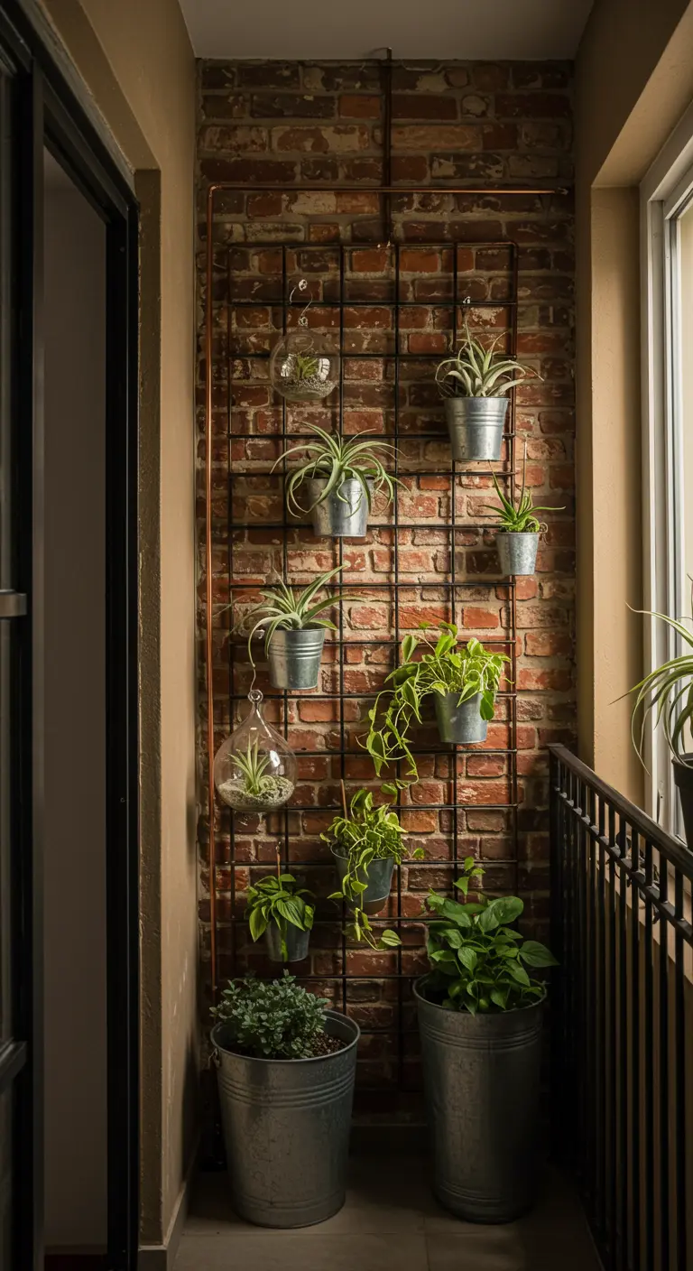 A metal grid on a brick wall holding galvanized pots and glass terrariums with plants.