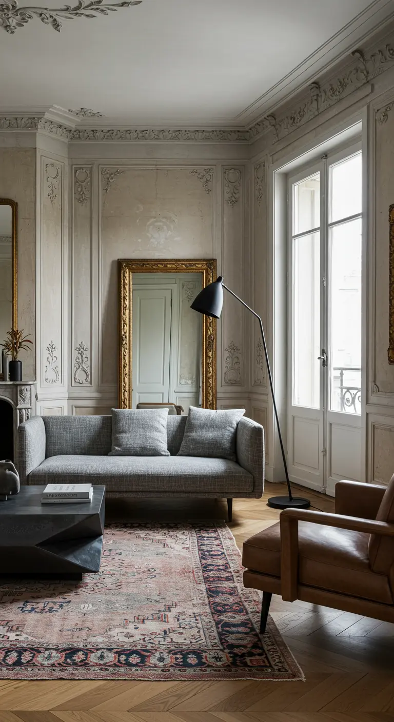 Parisian living room with ornate mouldings and modern grey sofa.