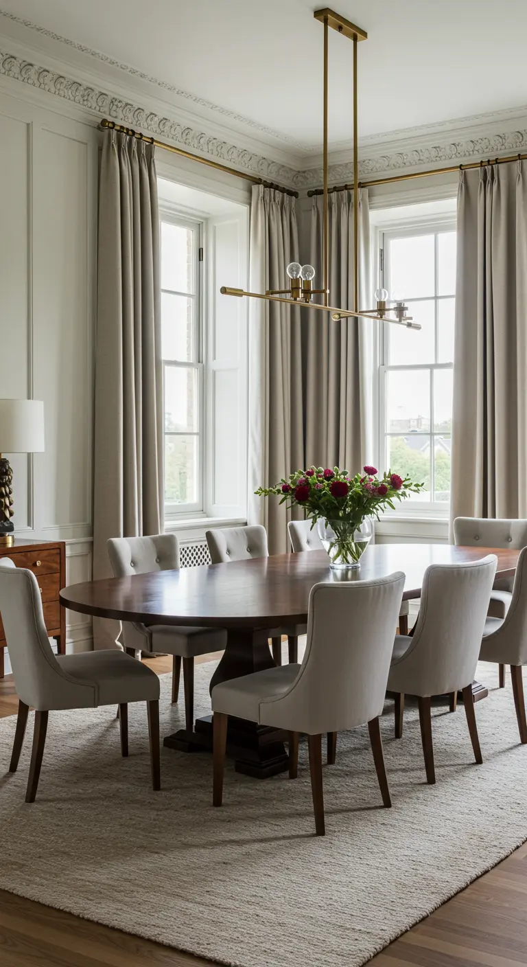 Elegant dining room with an oval wood table, upholstered chairs, and a modern brass chandelier.