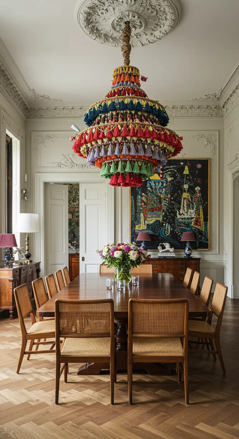 Grand, traditional room with modern art and an enormous, colorful tassel chandelier.