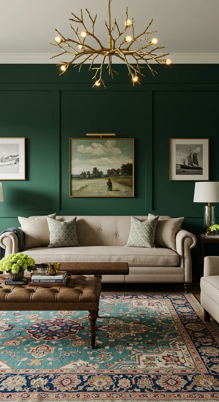 Transitional living room with a neutral sofa, leather ottoman, and a dramatic gold branch chandelier.