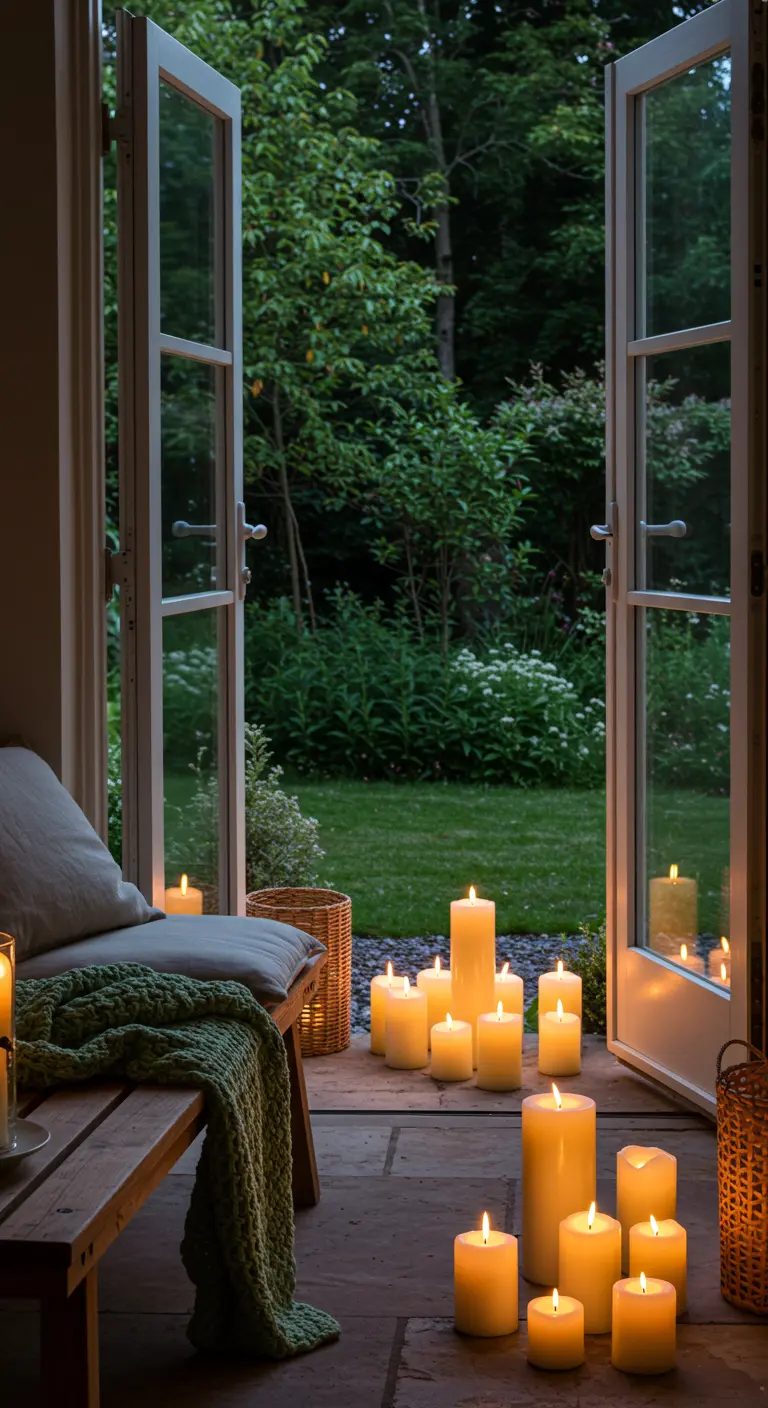 Open doors to a garden, with a bench, a knit throw, and a large cluster of pillar candles on the floor.