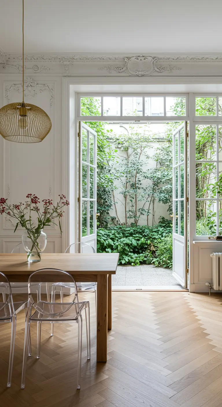 Dining room with modern furniture and large French doors opening onto a green courtyard.