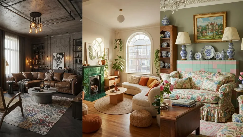 Bright, eclectic living room interiors with colorful tile accents and a curved sofa.