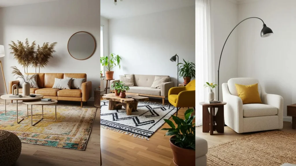 Bright Scandinavian boho living rooms with woven rugs and mustard yellow accents.