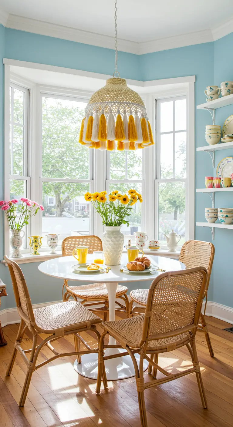 Bright breakfast nook with blue walls and a yellow and white tassel chandelier.