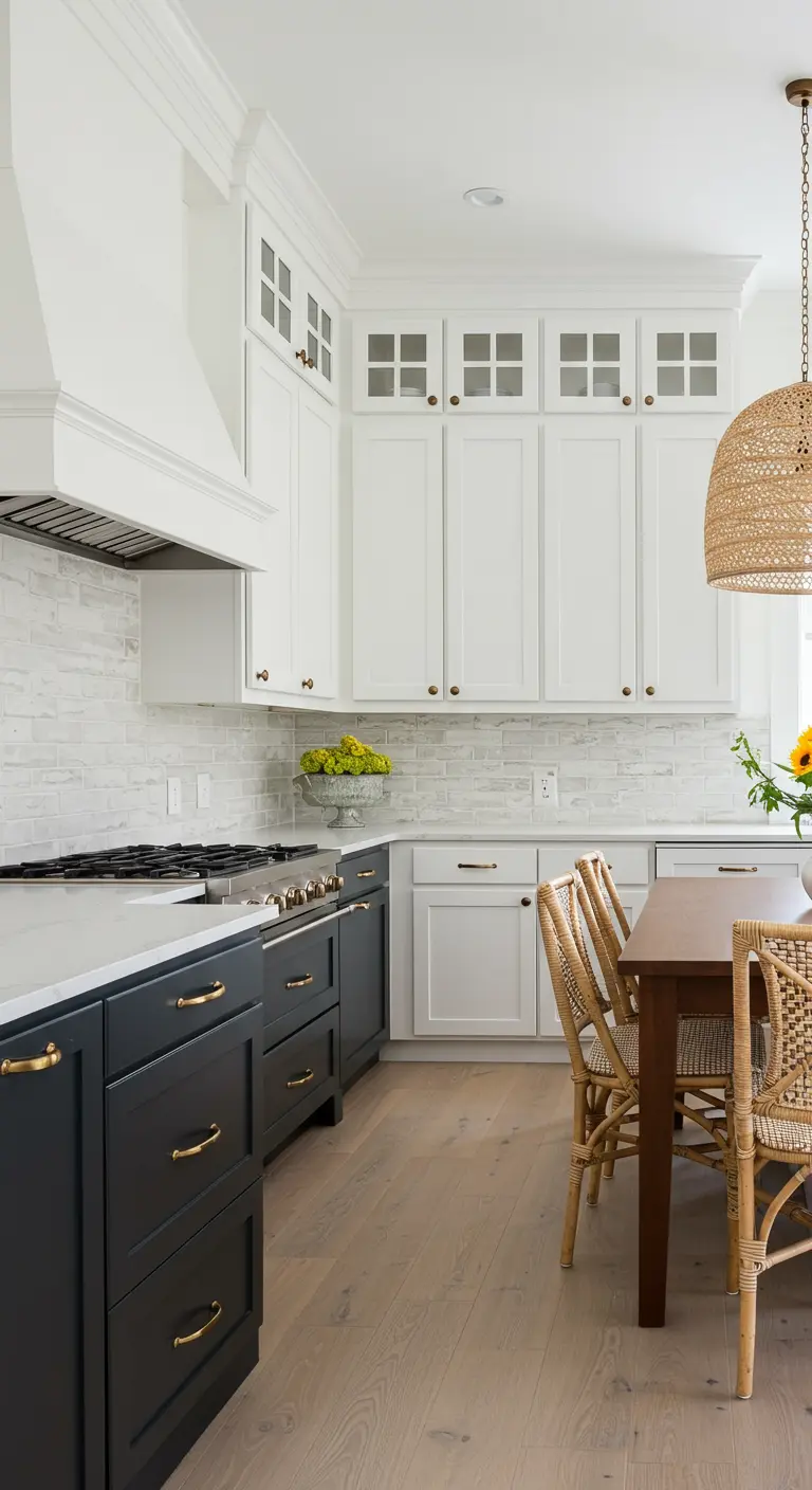 Two-tone kitchen with white upper cabinets and black lower cabinets, with a woven pendant light.