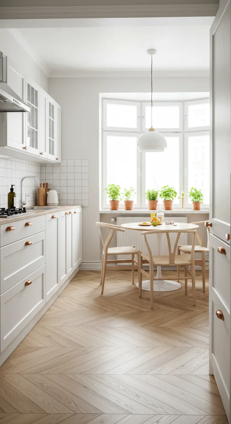 A bright white Japandi kitchen with herringbone wood floors and potted plants in the window.