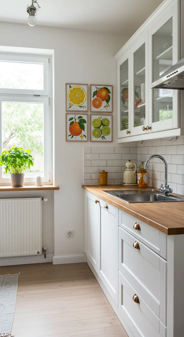 A white kitchen with four colorful citrus prints arranged in a grid on a tiled wall.