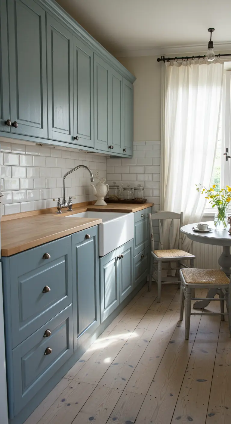 A small Country French kitchen with soft blue cabinets, white subway tile backsplash, and light wood floors.