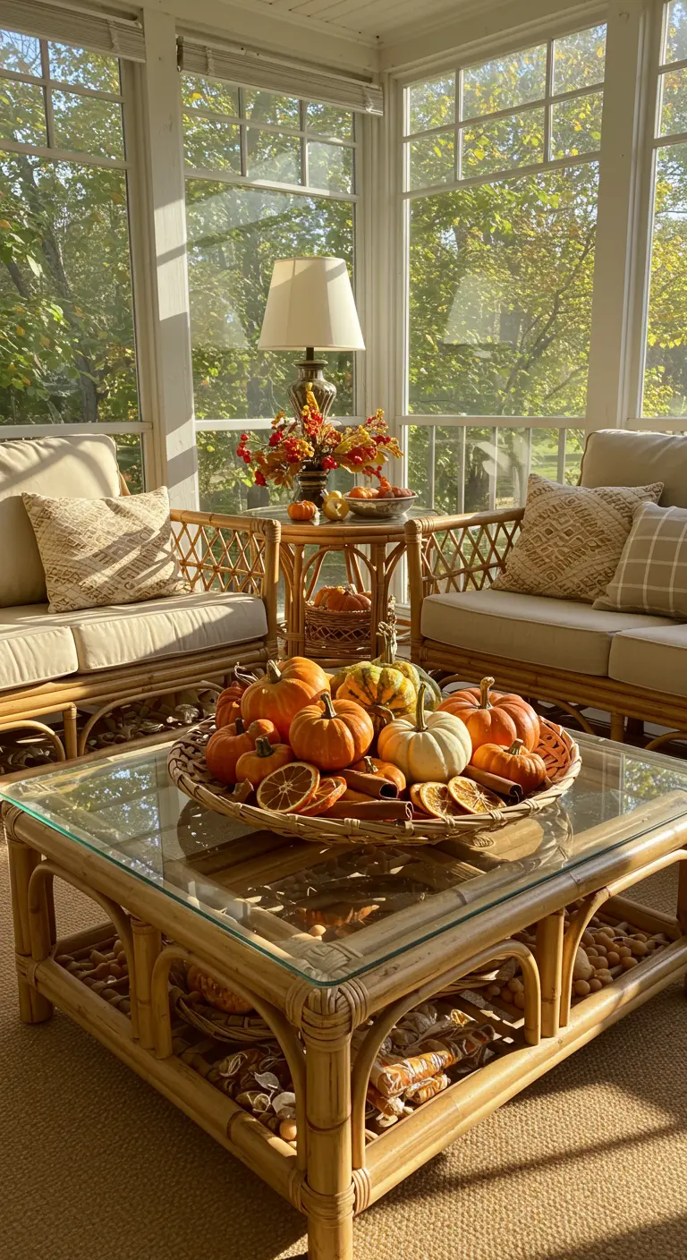 Sunroom coffee table with a wicker tray holding mini pumpkins and dried orange slices.