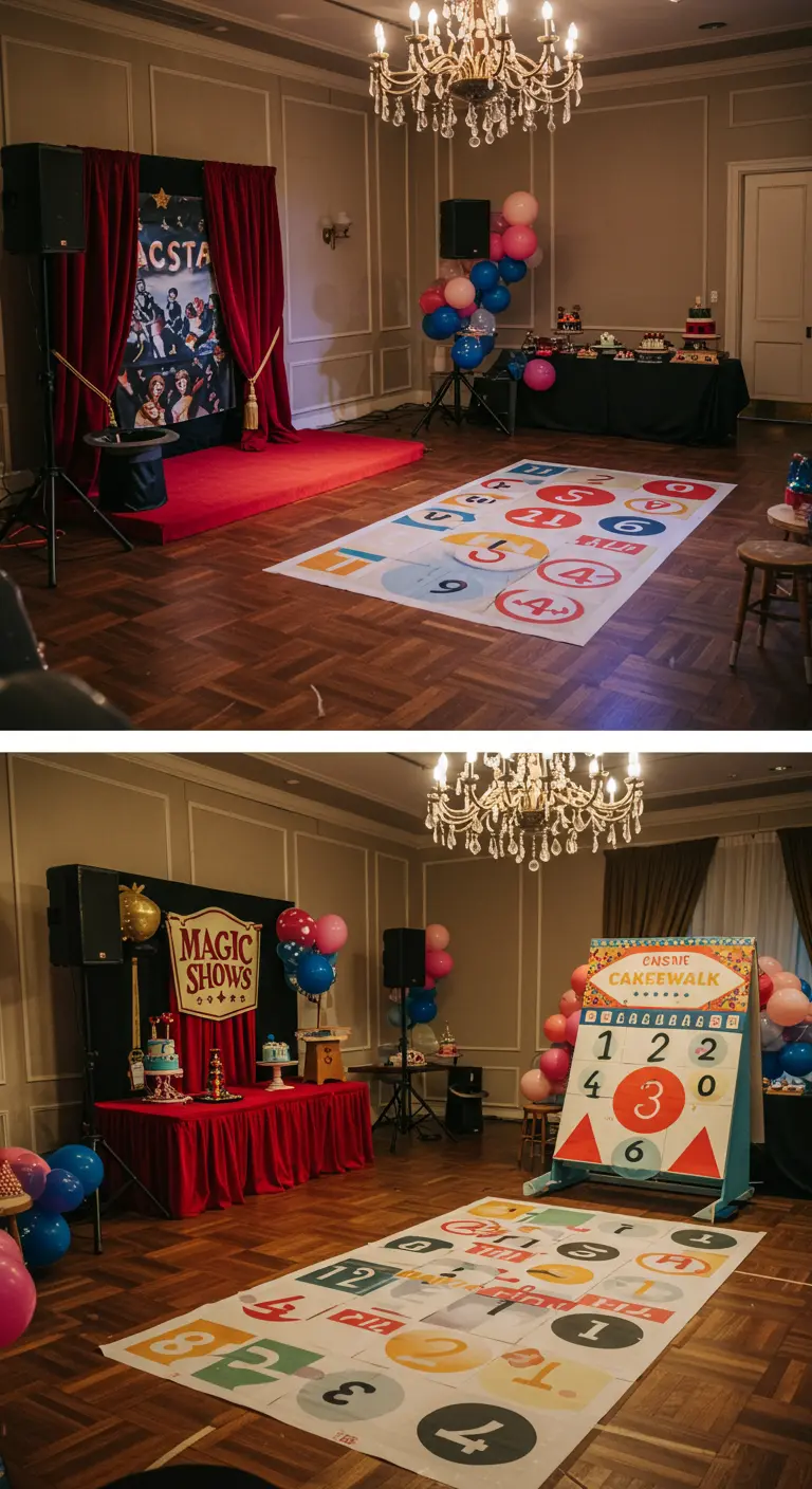 A DIY cakewalk game setup with a numbered mat and prize wheel.